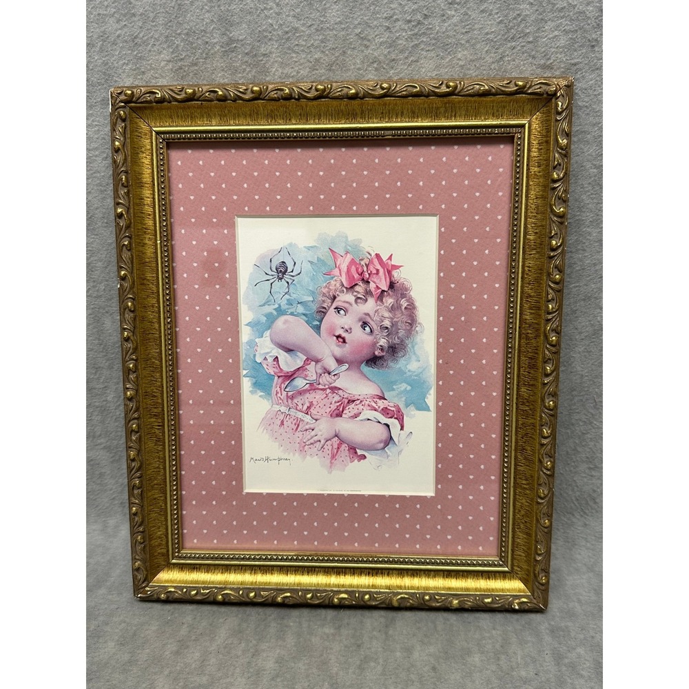 1990 Little Miss Muffet Nursery Rhyme Picture Gold Frame Art Print Mat w/hearts